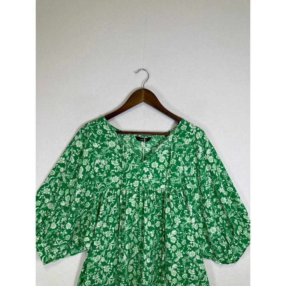 Cottagecore Dokotoo Women Large Green White Floral Puff Sleeve V-Neck Mini Dress - Picture 9 of 14